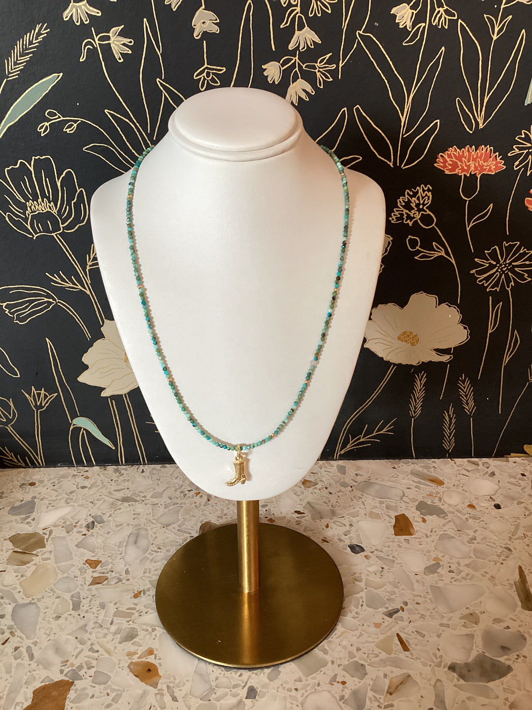 Clovis Beaded Turquoise Necklace with Boot Charm