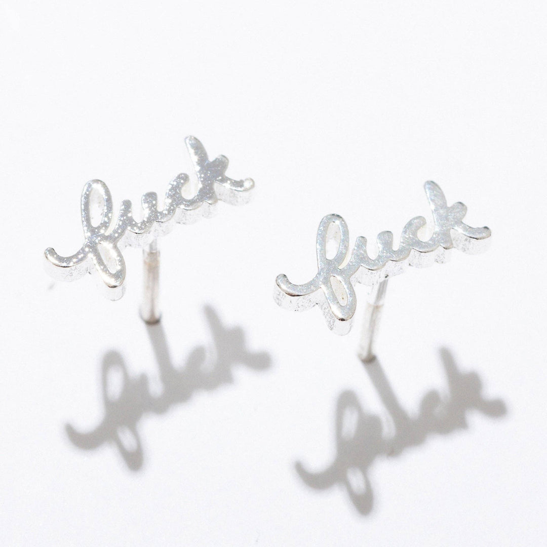 Fuck Script Stud Earring - Silver or Gold Plate, single/pair: 14k Gold Plate / Single