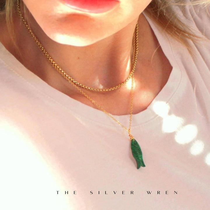 Gemstone Fish Pendant Necklace: Green / 16 inch