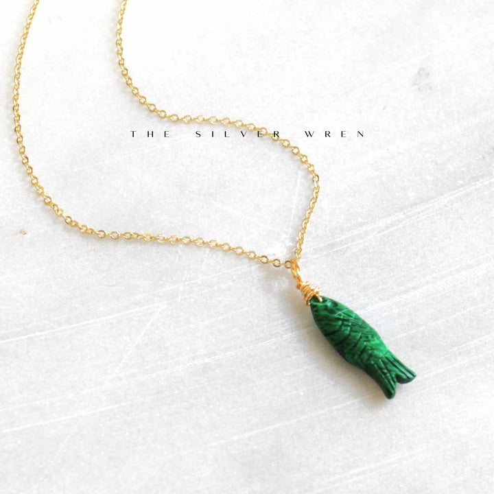 Gemstone Fish Pendant Necklace: Green / 16 inch