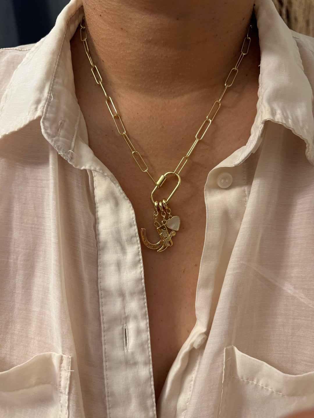 Lucky 18KT Gold Plated Pendant Necklace with Charms: 2”