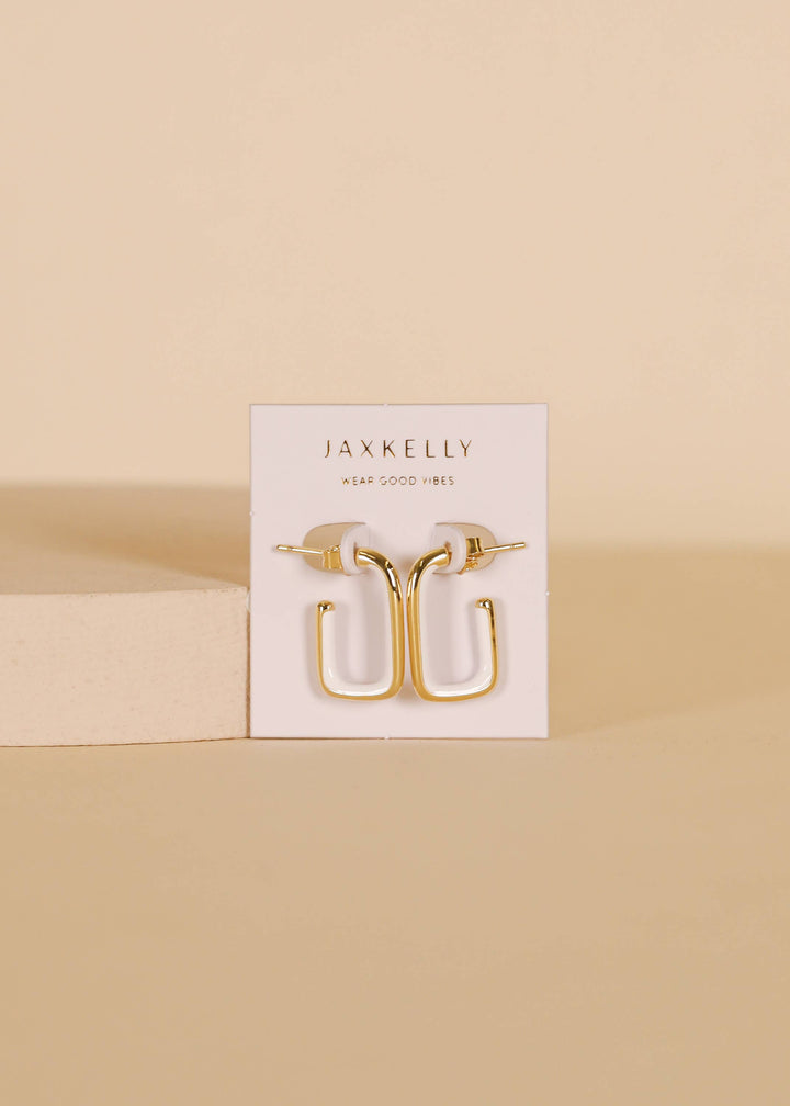 White Enamel Large Rectangle Gold Hoop Earrings
