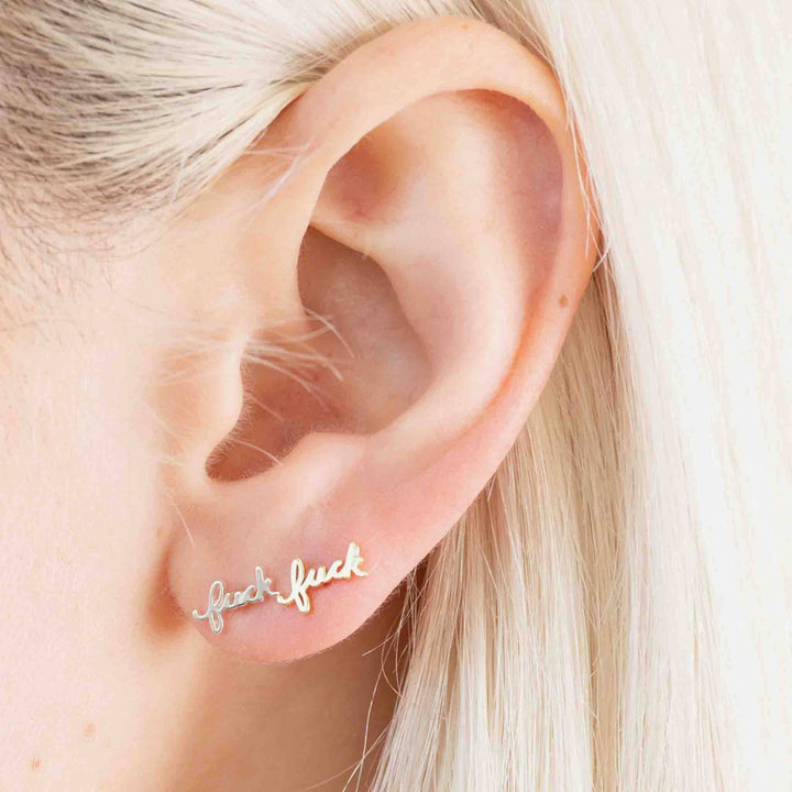 Fuck Script Stud Earring - Silver or Gold Plate, single/pair: 14k Gold Plate / Single