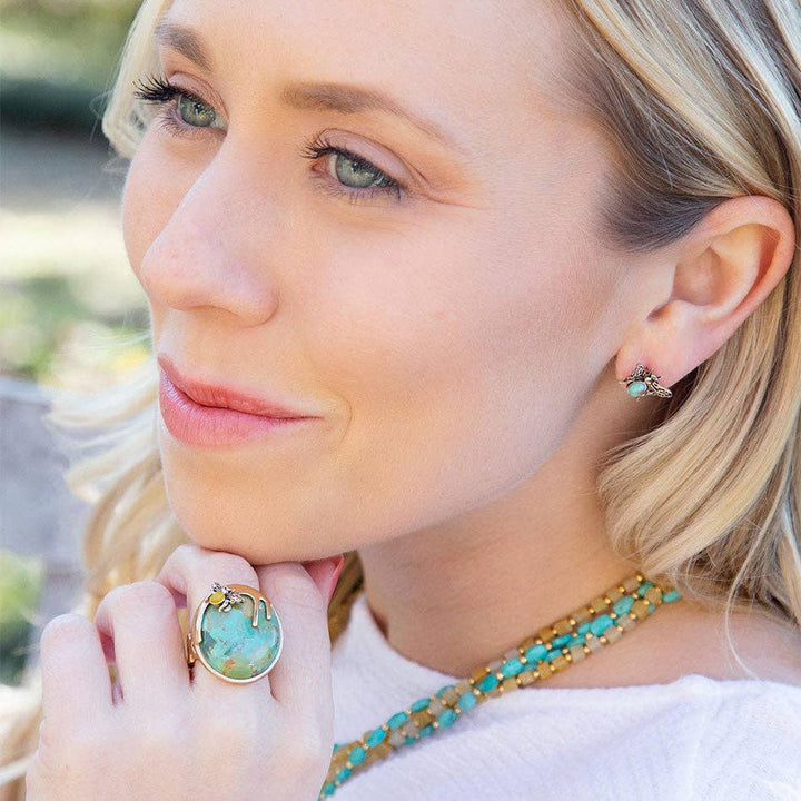 Green Turquoise Golden Honey Bee Earrings