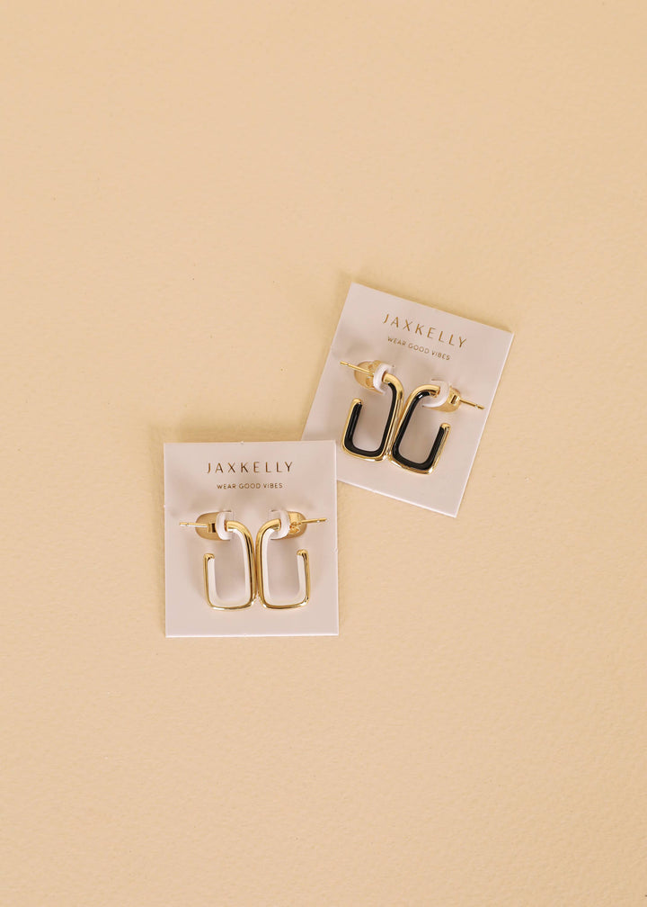 White Enamel Large Rectangle Gold Hoop Earrings