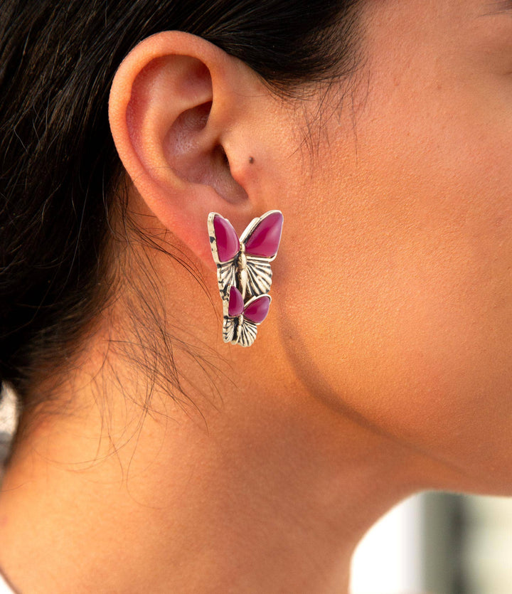 Pink Agate Golden Butterflies Post Earrings