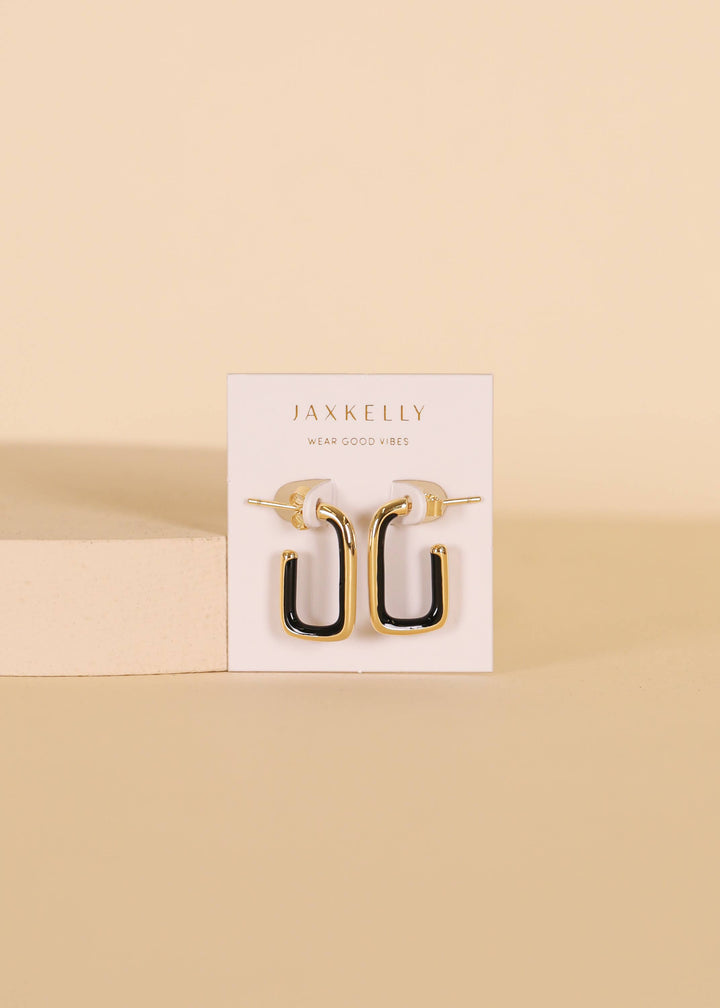 Black Enamel Large Rectangle Gold Hoop Earrings
