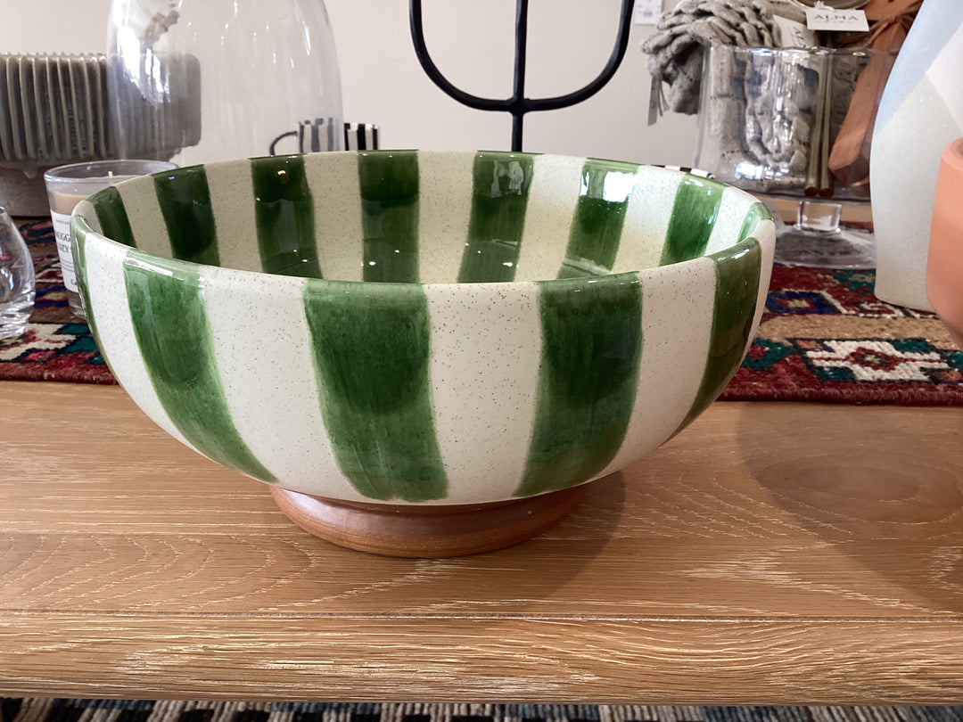 Hand-Painted Stoneware Footed bowl w/stripes