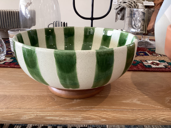 Hand-Painted Stoneware Footed bowl w/stripes