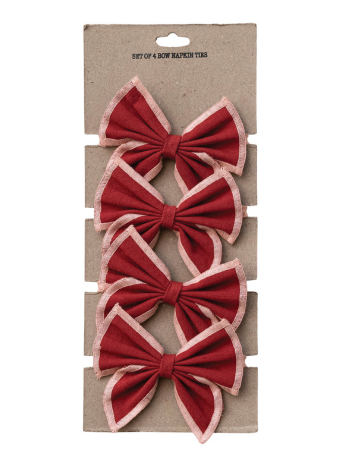 Cotton & Linen Bow Napkin Ties with Pink Stitched Edges, Red