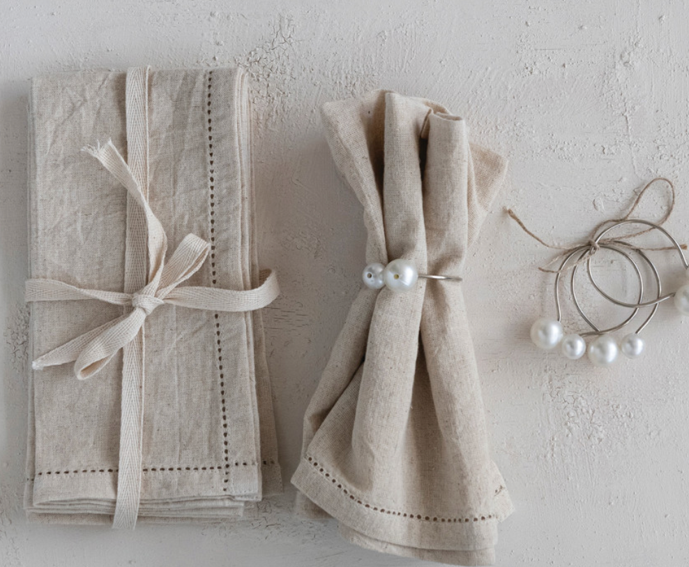 Cotton & Linen Napkins with Border Stitch, Natural