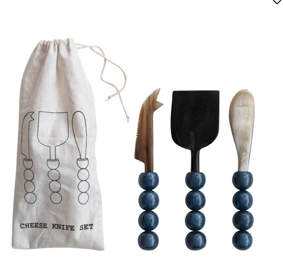 Natural Horn Cheese Knives with Resin Handles, Set of 3 in Bag