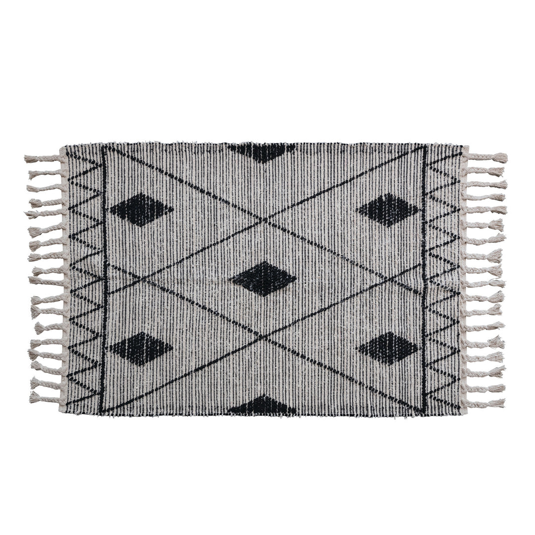 Hand-Woven Cotton Rug w/ Geometric Pattern & Braided Fringe, Black & Natural