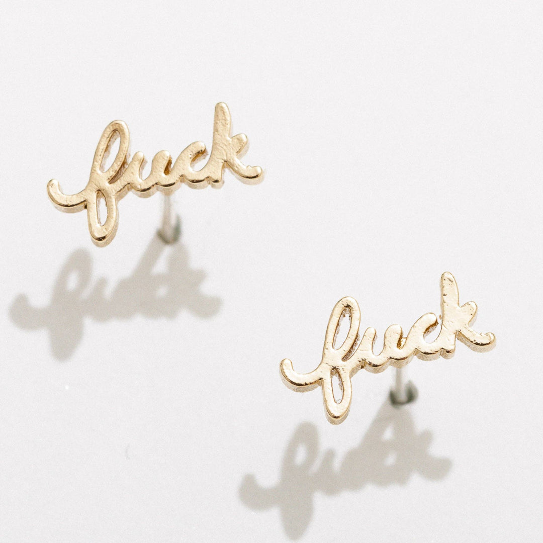 Fuck Script Stud Earring - Silver or Gold Plate, single/pair: 14k Gold Plate / Single