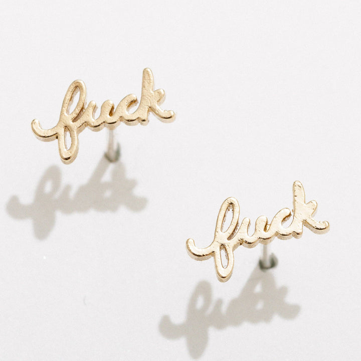 Fuck Script Stud Earring - Silver or Gold Plate, single/pair: 14k Gold Plate / Single