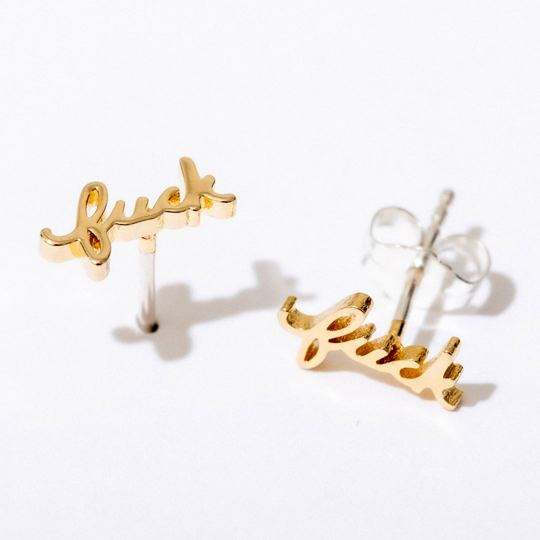 Fuck Script Stud Earring - Silver or Gold Plate, single/pair: 14k Gold Plate / Single