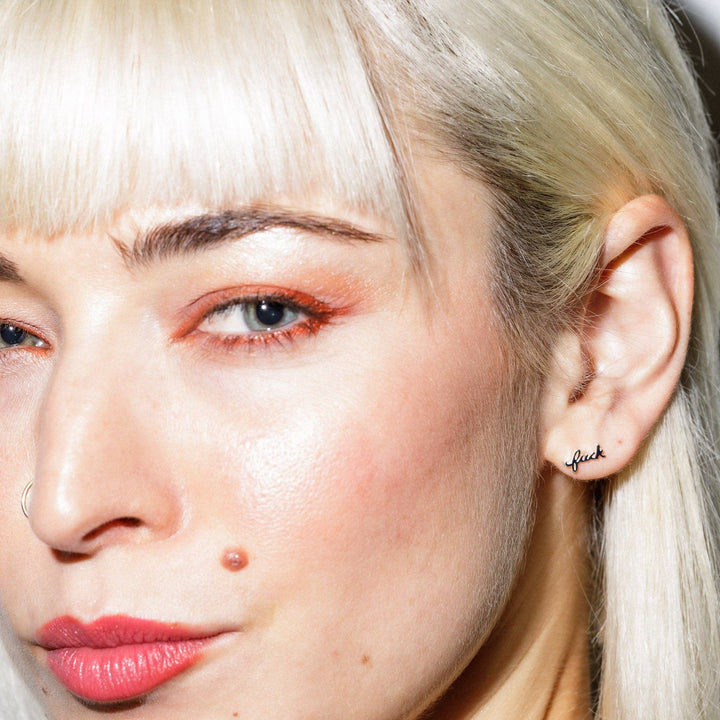 Fuck Script Stud Earring - Silver or Gold Plate, single/pair: 14k Gold Plate / Single