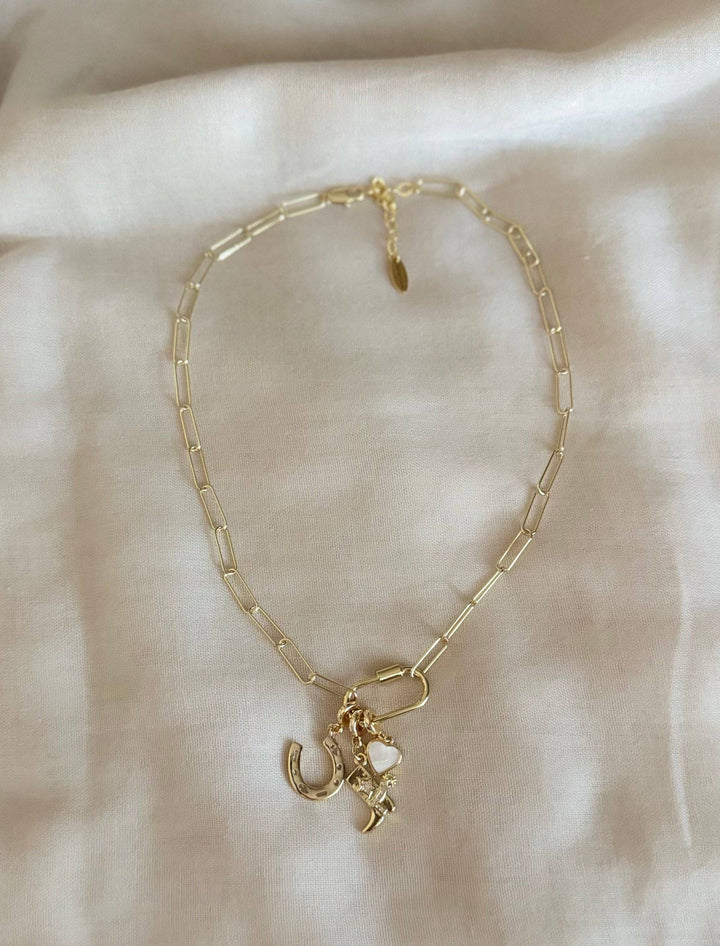 Lucky 18KT Gold Plated Pendant Necklace with Charms: 2”