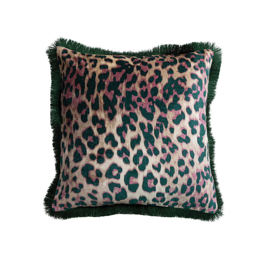 Velvet Pillow with Leopard Print Pattern & Tufted Fringe
