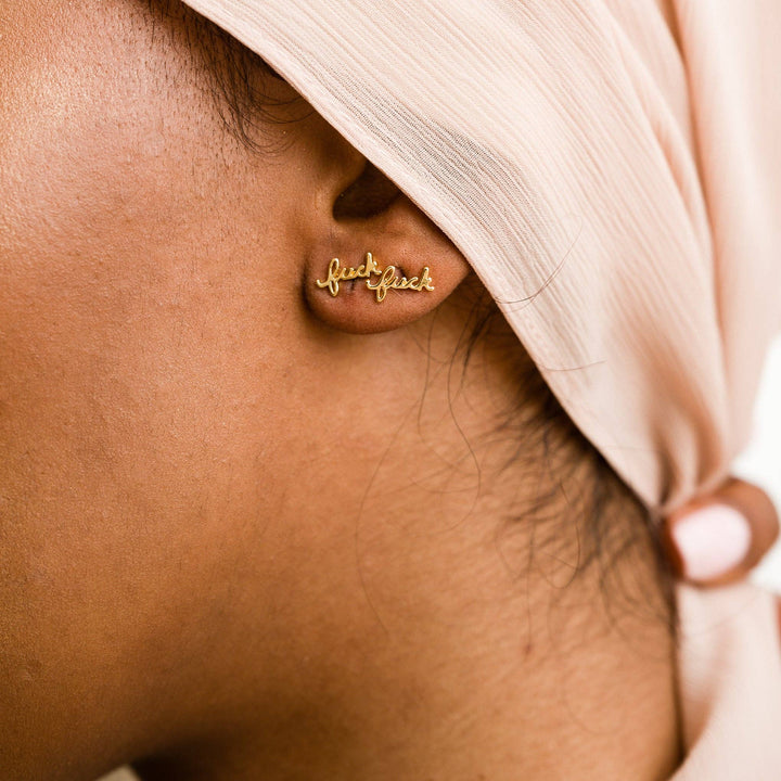 Fuck Script Stud Earring - Silver or Gold Plate, single/pair: 14k Gold Plate / Single